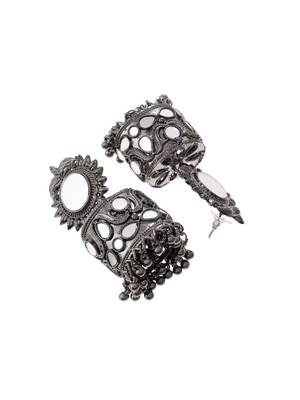 Stylish mirror studded drop jhumka earrings copper black silver plated for women & girls 4