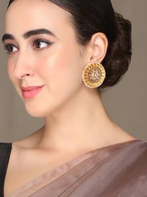 Luminous yellow stone studded big round stud earrings copper gold plated for women & girls 1