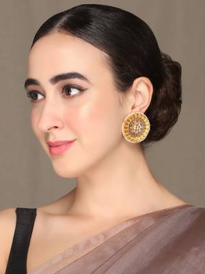 Luminous yellow stone studded big round stud earrings copper gold plated for women & girls 2