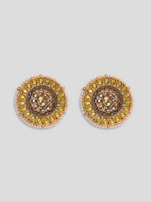 Luminous yellow stone studded big round stud earrings copper gold plated for women & girls 3