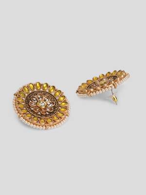 Luminous yellow stone studded big round stud earrings copper gold plated for women & girls 4