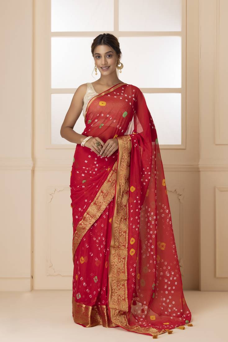 Geroo Jaipur Red & White Bandhani Zari Bandhani Saree