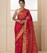 Geroo Jaipur Red & White Bandhani Zari Bandhani Saree