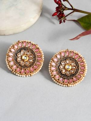 Luminous pink stone studded big round stud earrings copper gold plated for women & girls 1