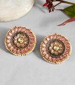 Luminous pink stone studded big round stud earrings copper gold plated for women & girls