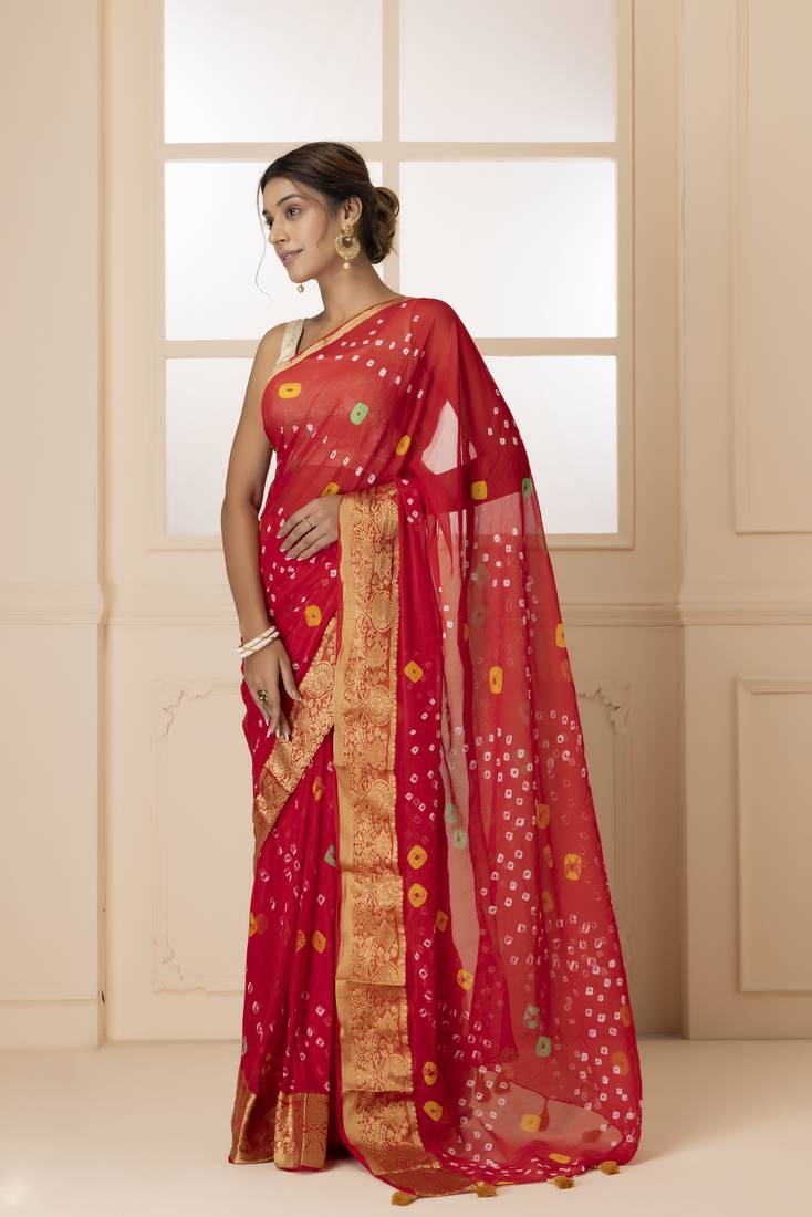 Geroo Jaipur Red & White Bandhani Zari Bandhani Saree