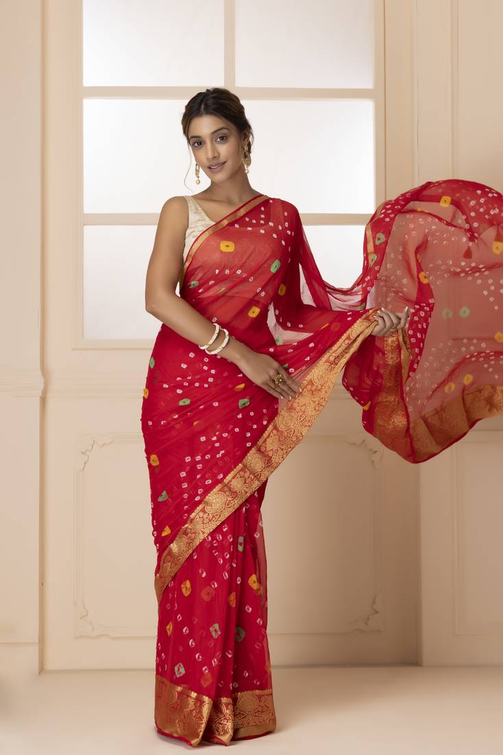 Geroo Jaipur Red & White Bandhani Zari Bandhani Saree