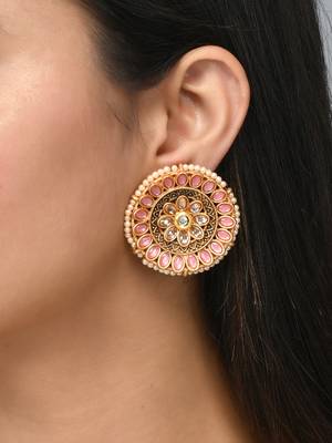 Luminous pink stone studded big round stud earrings copper gold plated for women & girls 2