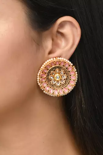 Luminous pink stone studded big round stud earrings copper gold plated for women & girls