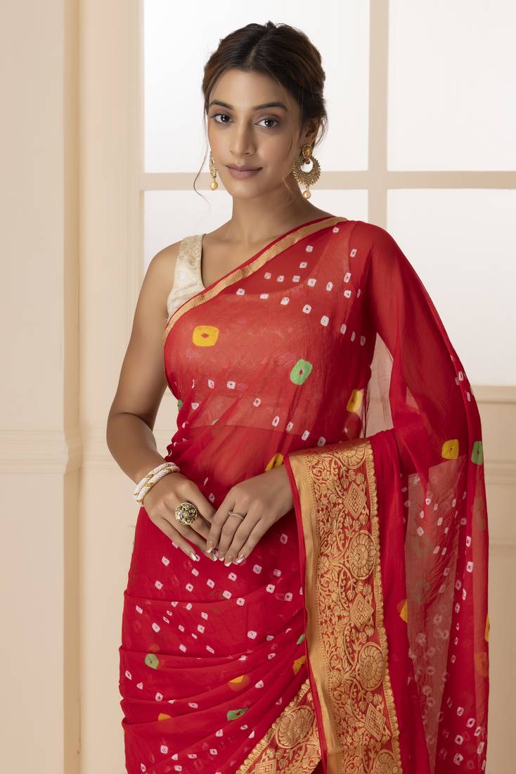 Geroo Jaipur Red & White Bandhani Zari Bandhani Saree