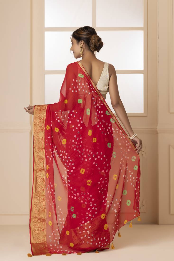Geroo Jaipur Red & White Bandhani Zari Bandhani Saree