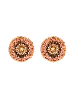 Luminous pink stone studded big round stud earrings copper gold plated for women & girls 3