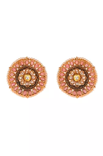 Luminous pink stone studded big round stud earrings copper gold plated for women & girls