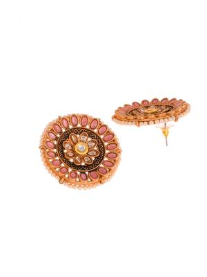 Luminous pink stone studded big round stud earrings copper gold plated for women & girls 4