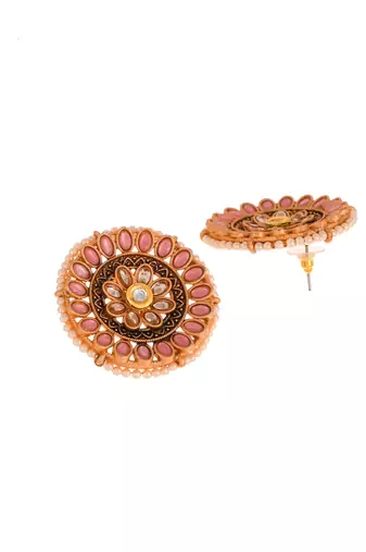 Luminous pink stone studded big round stud earrings copper gold plated for women & girls