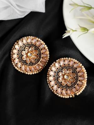 Luminous light pink stone studded big round stud earrings copper gold plated for women & girls 1