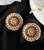 Luminous light pink stone studded big round stud earrings copper gold plated for women & girls