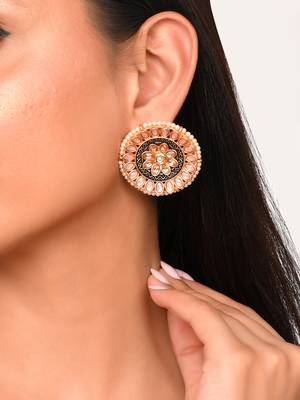 Luminous light pink stone studded big round stud earrings copper gold plated for women & girls 2