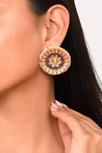 Luminous light pink stone studded big round stud earrings copper gold plated for women & girls