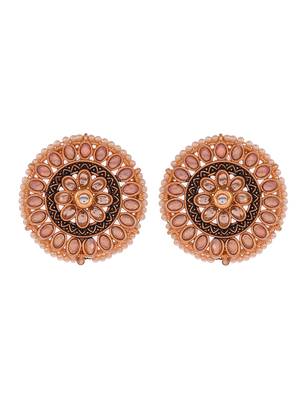 Luminous light pink stone studded big round stud earrings copper gold plated for women & girls 3
