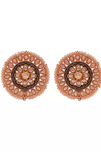 Luminous light pink stone studded big round stud earrings copper gold plated for women & girls