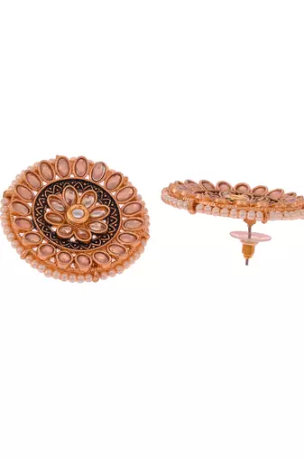 Luminous light pink stone studded big round stud earrings copper gold plated for women & girls