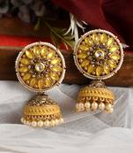 Luminous yellow stone studded big round stud with jhumkis earrings copper gold plated for women & girls