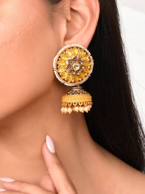 Luminous yellow stone studded big round stud with jhumkis earrings copper gold plated for women & girls 2