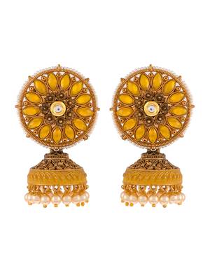 Luminous yellow stone studded big round stud with jhumkis earrings copper gold plated for women & girls 3