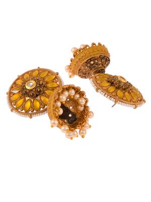 Luminous yellow stone studded big round stud with jhumkis earrings copper gold plated for women & girls 4