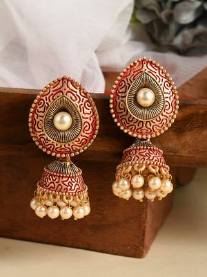 Meenakari red small jhumkis earrings copper gold plated for women & girls 1