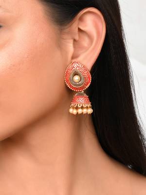 Meenakari red small jhumkis earrings copper gold plated for women & girls 2