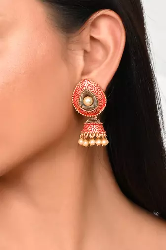 Meenakari red small jhumkis earrings copper gold plated for women & girls