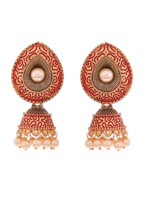 Meenakari red small jhumkis earrings copper gold plated for women & girls 3