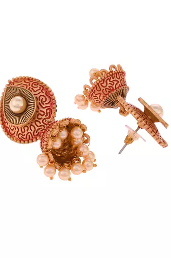 Meenakari red small jhumkis earrings copper gold plated for women & girls
