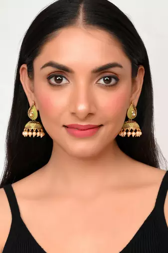 Meenakari  green jhumkis earrings copper gold plated for women & girls