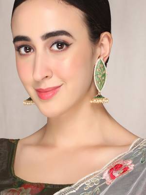 Meenakari leaf designed green jhumkis earrings copper gold plated for women & girls 1