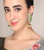 Meenakari leaf designed green jhumkis earrings copper gold plated for women & girls