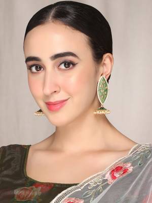 Meenakari leaf designed green jhumkis earrings copper gold plated for women & girls 2