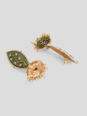 Meenakari leaf designed green jhumkis earrings copper gold plated for women & girls 4
