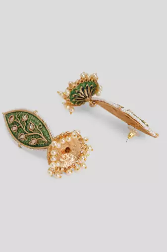 Meenakari leaf designed green jhumkis earrings copper gold plated for women & girls