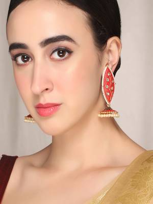 Meenakari leaf designed red jhumkis earrings copper gold plated for women & girls 1