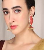 Meenakari leaf designed red jhumkis earrings copper gold plated for women & girls