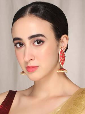 Meenakari leaf designed red jhumkis earrings copper gold plated for women & girls 2