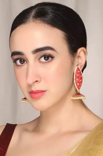 Meenakari leaf designed red jhumkis earrings copper gold plated for women & girls