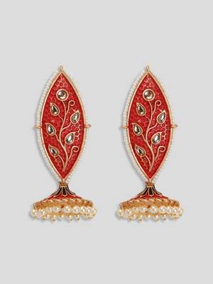 Meenakari leaf designed red jhumkis earrings copper gold plated for women & girls 3