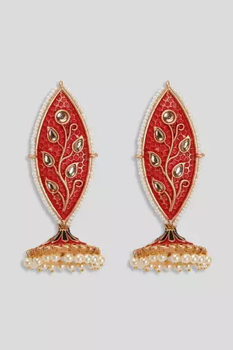 Meenakari leaf designed red jhumkis earrings copper gold plated for women & girls