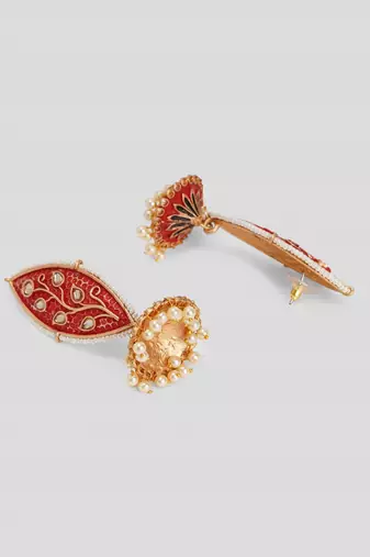 Meenakari leaf designed red jhumkis earrings copper gold plated for women & girls
