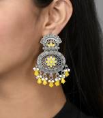 Floral designed yellow drops chandbali earrings copper silver plated for women & girls