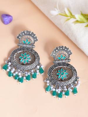 Floral designed green drops chandbali earrings copper silver plated for women & girls 1